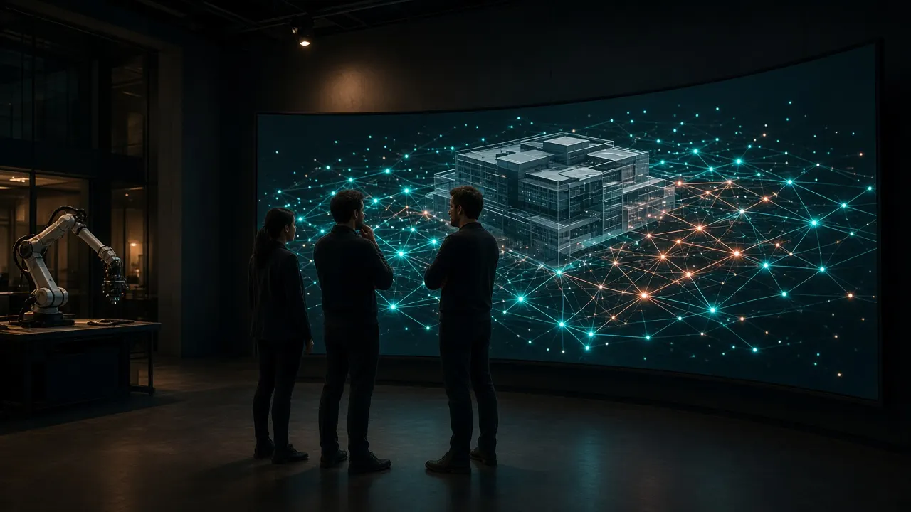 Researchers facing a curved campus-twin display with teal graph lighting.