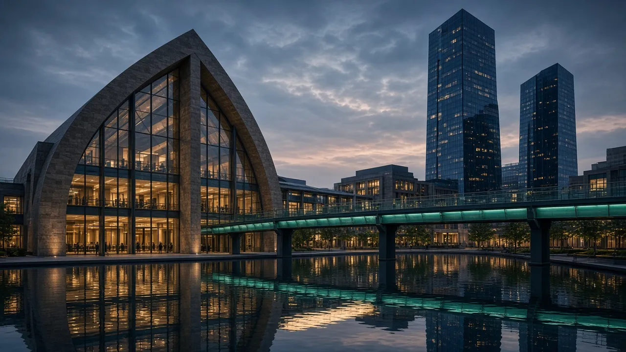 Dämmerungsfoto des fiktiven EHOPn-Campus mit Gateway und teal-beleuchteten Türmen.