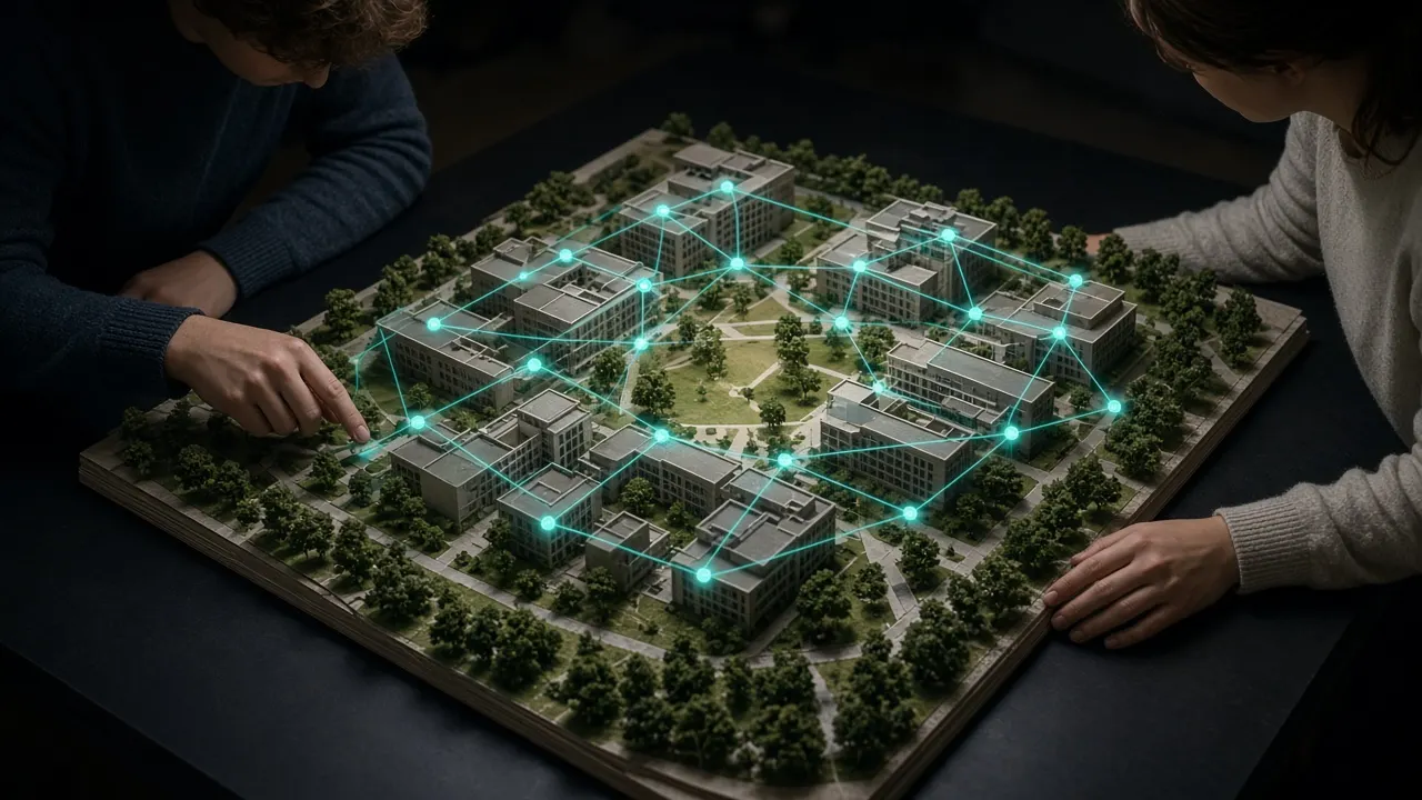 Campus scale model on a table with a projected teal network overlay.