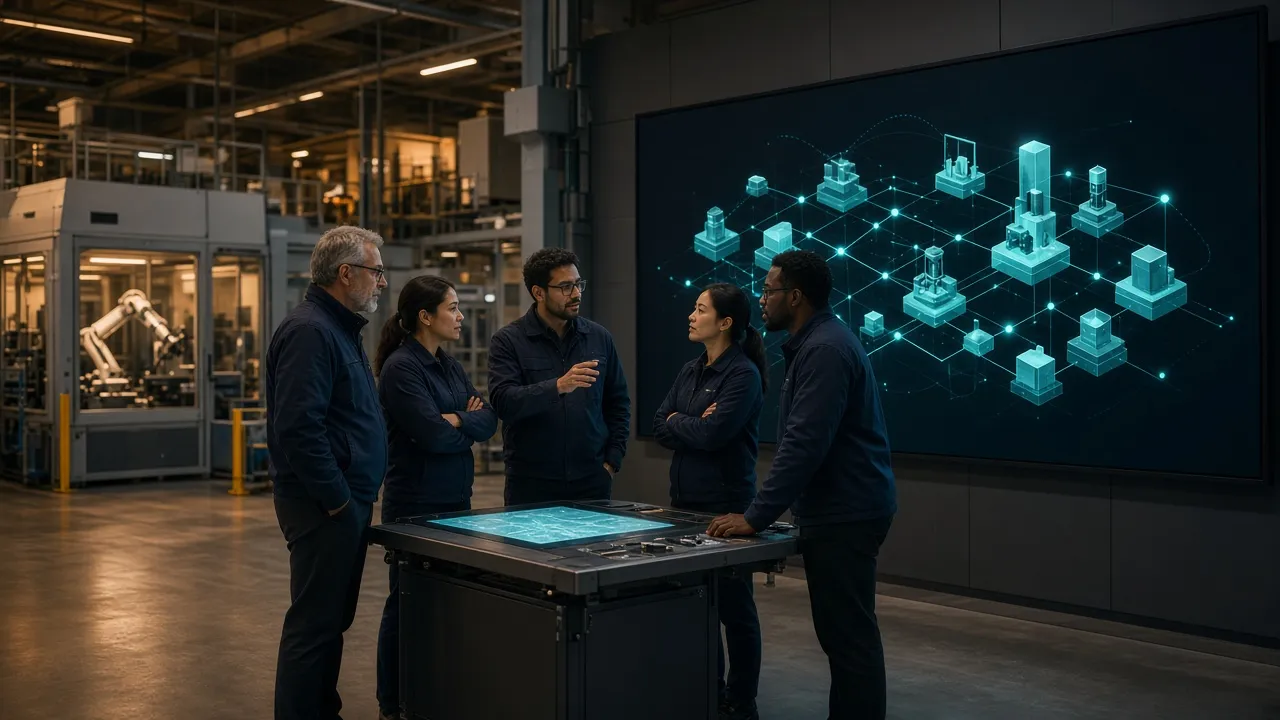 Forschende und Ingenieur:innen an einem Fabrik-Digital-Twin.