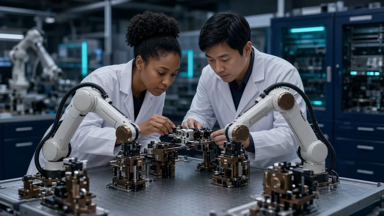 Robotics laboratory with collaborative arms and teal instrument lighting.