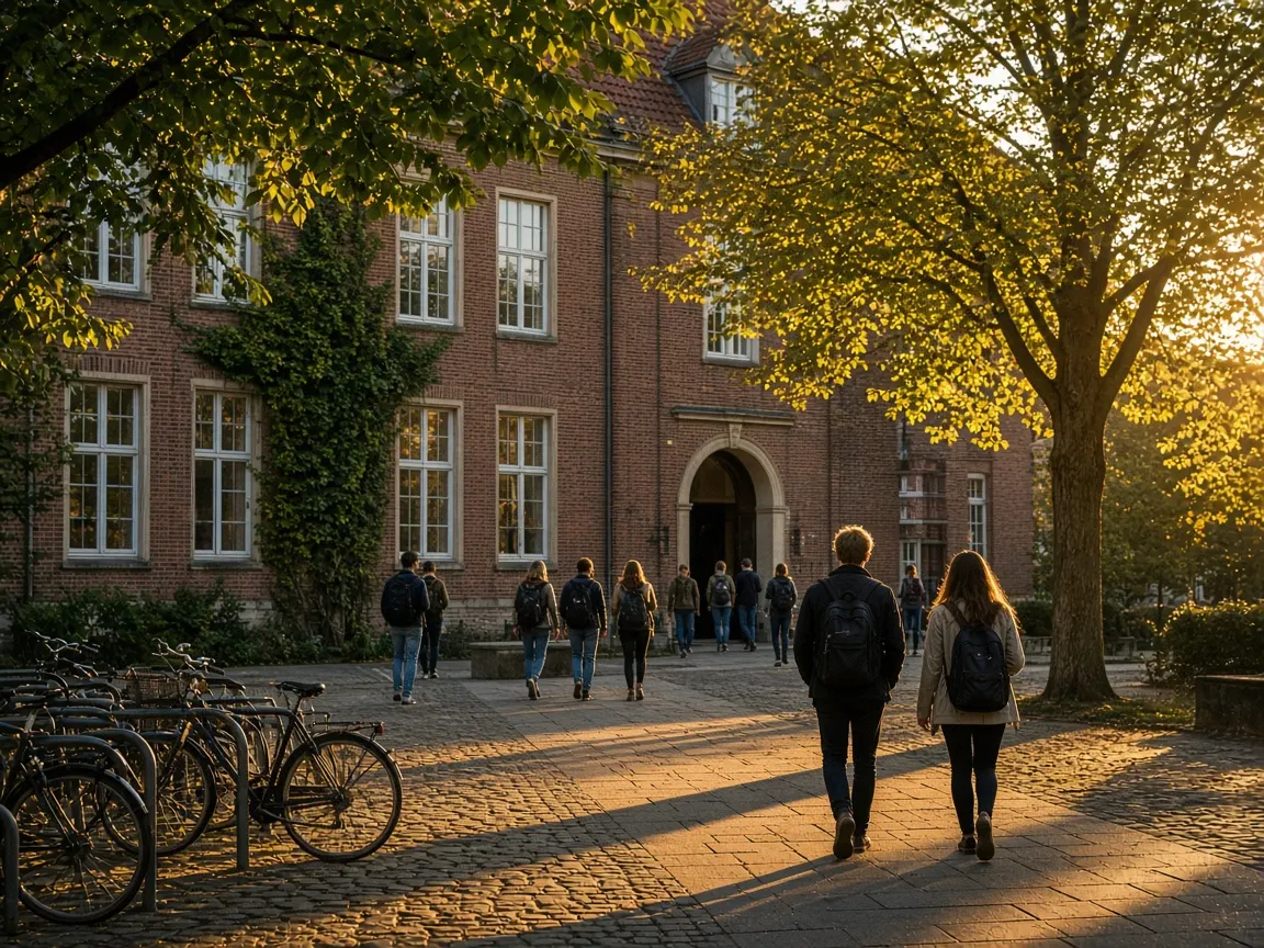 Campus courtyard at golden hour with brick facades and walking students.