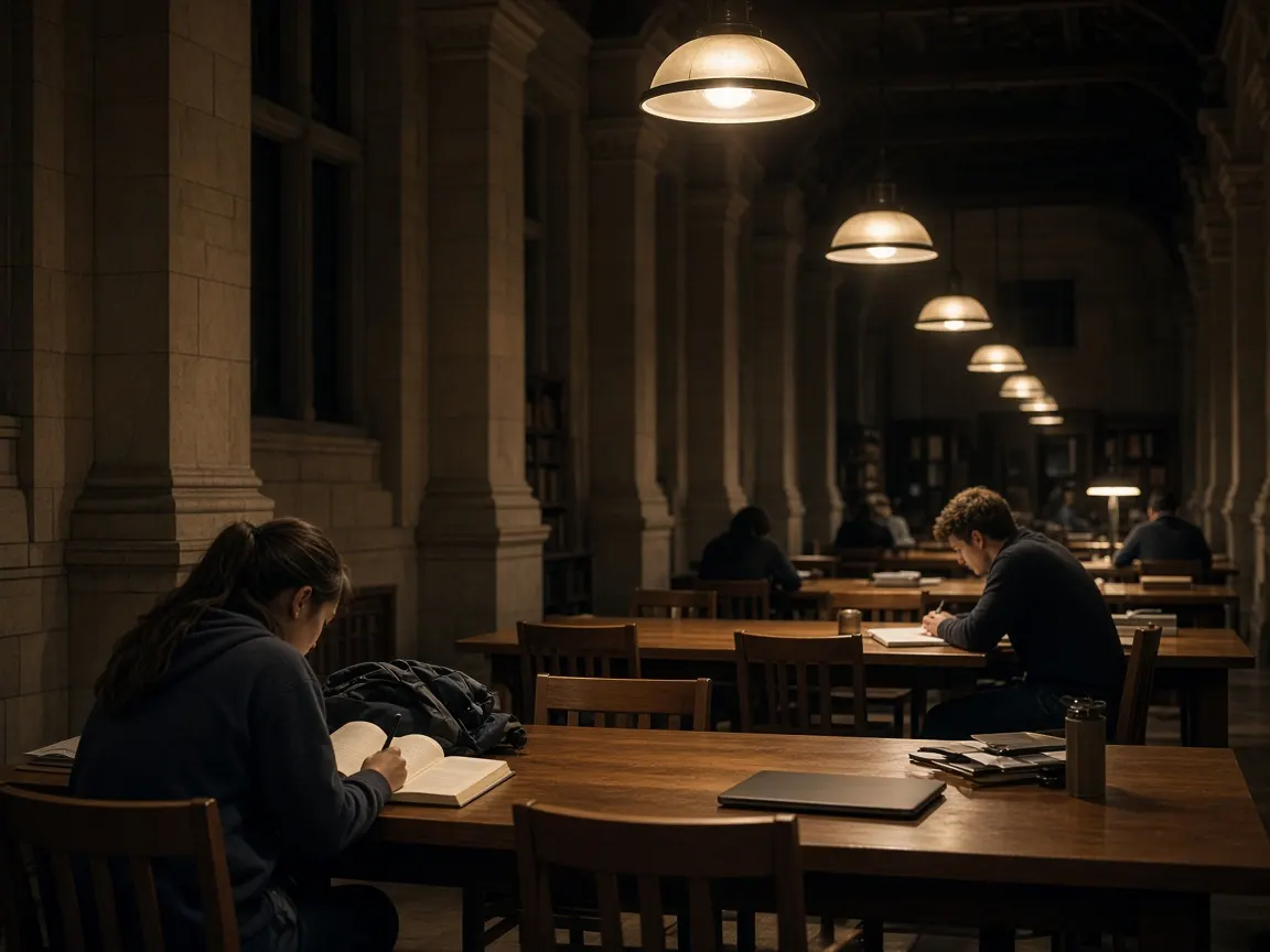University library reading room with hanging lamps and long tables.